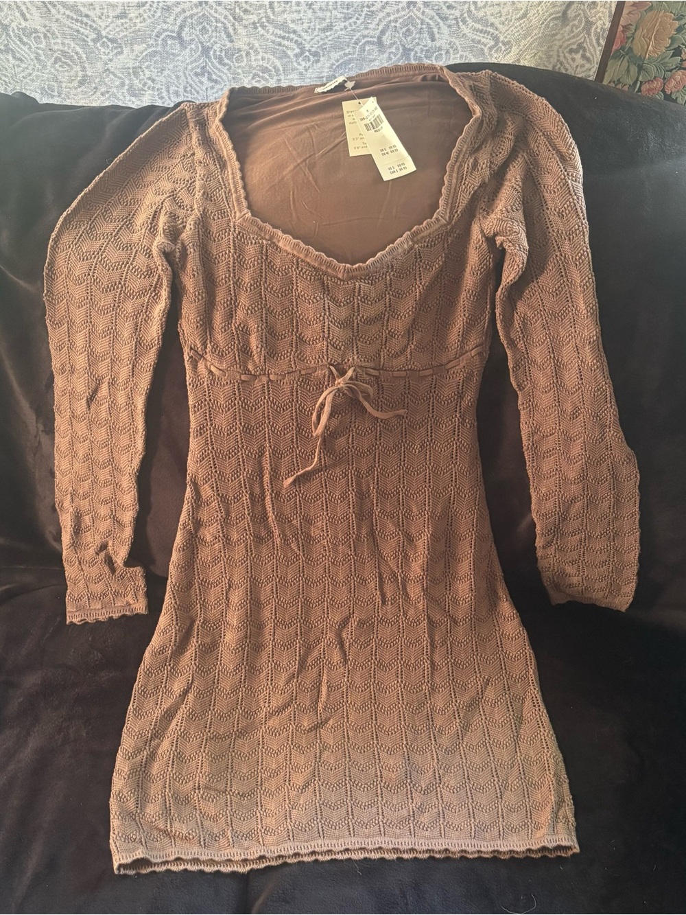 Hollister Brown Knit Long-Sleeve Scoop Neck Dress with Waist Tie